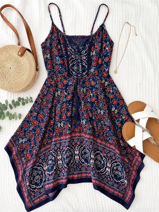 Xhilaration Dresses & Skirts - Xhilaration Navy Floral Boho Mini Dress Tassel Tie Smocked Pockets XS